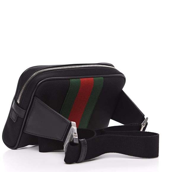 Gucci Techno Web Stripe Black Canvas Leather Trim Waist Belt - Picture 3 of 10